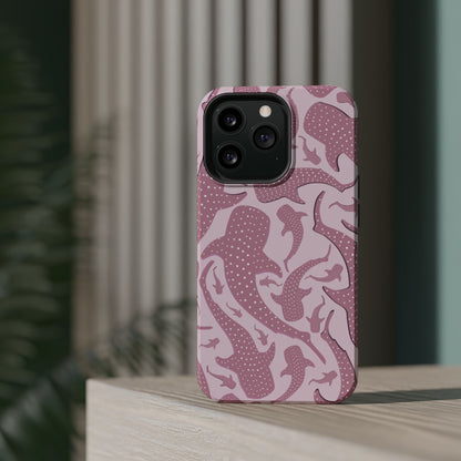 Pink Whale Shark tough magnetic phone case standing on a shelf