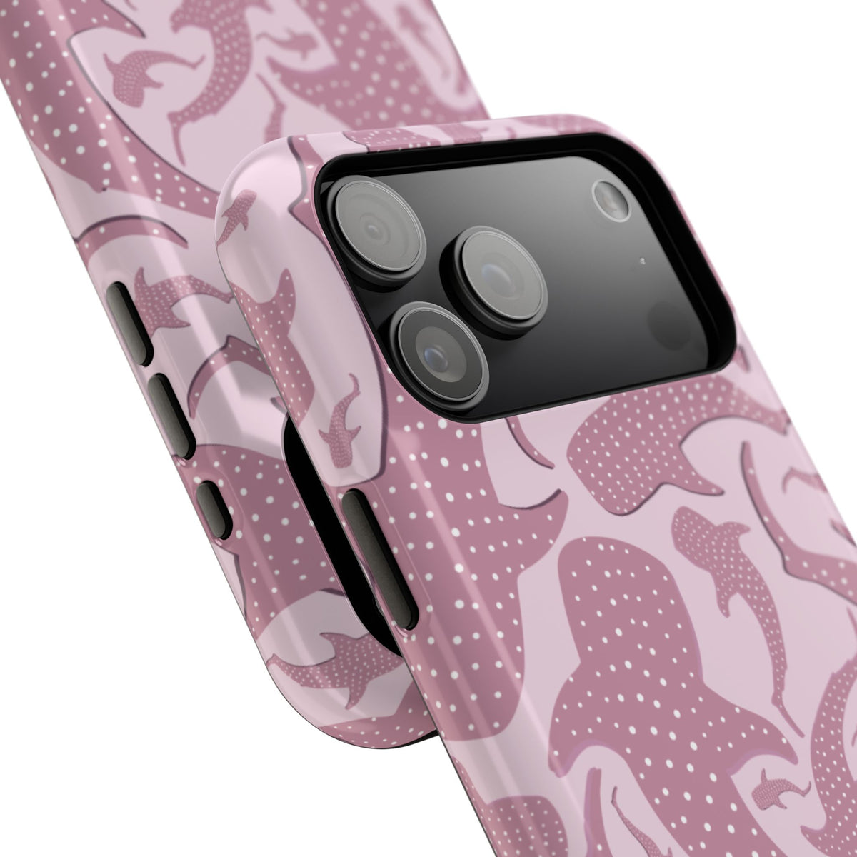 Close-up of the Pink Whale Shark tough magnetic phone case around the camera