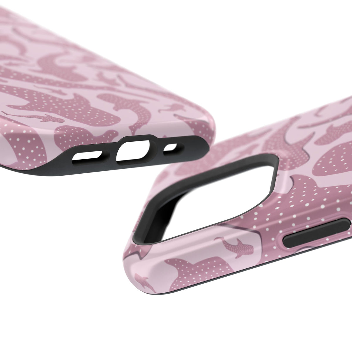 Pink Whale Shark tough magnetic phone case, side and button detail