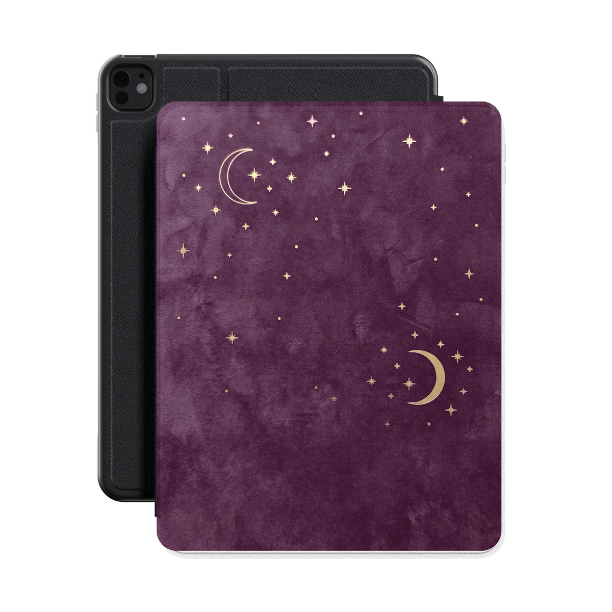 Plum Crescent Moon iPad case front cover over a black iPad