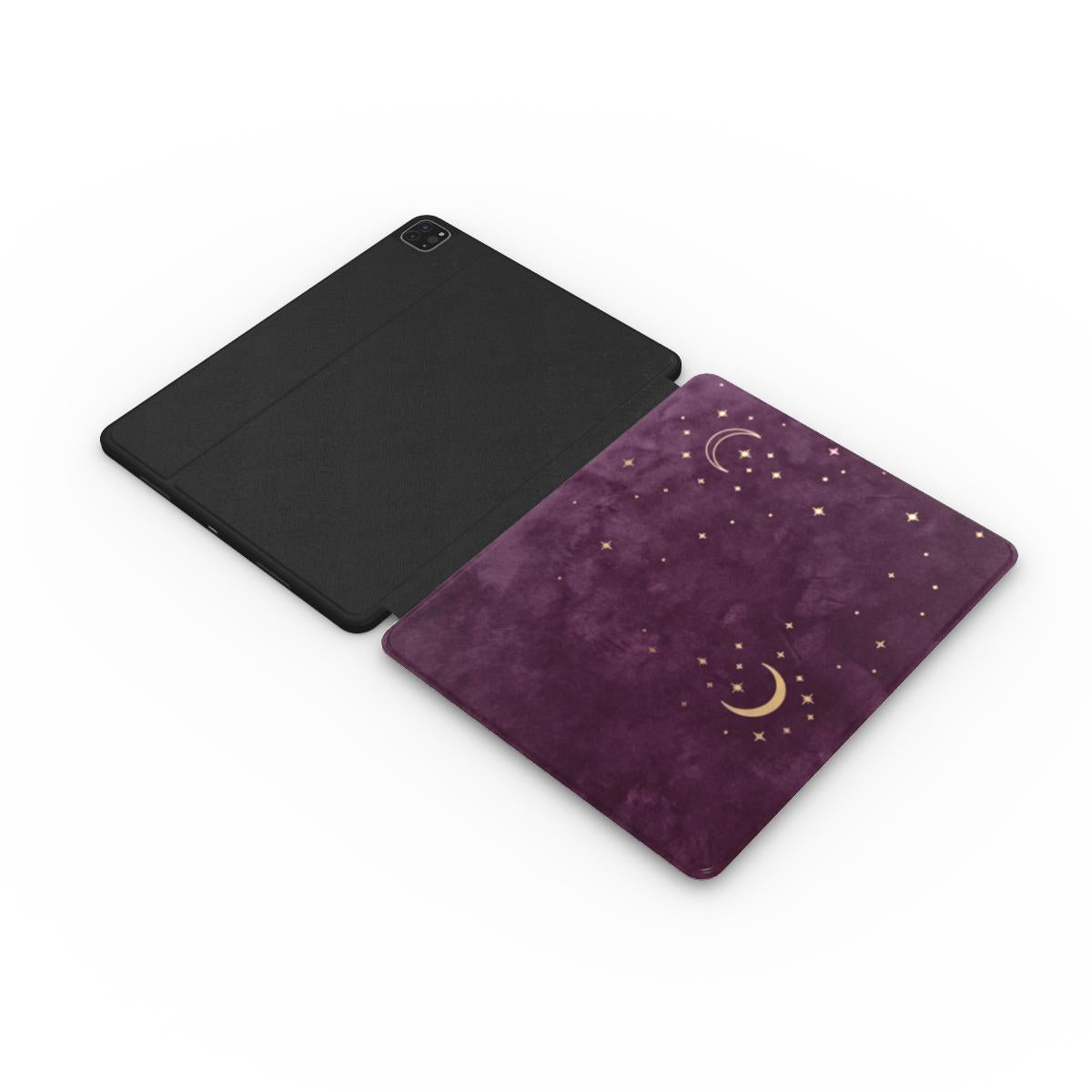 Plum Crescent Moon iPad case opened flat showing the printed front and black inside