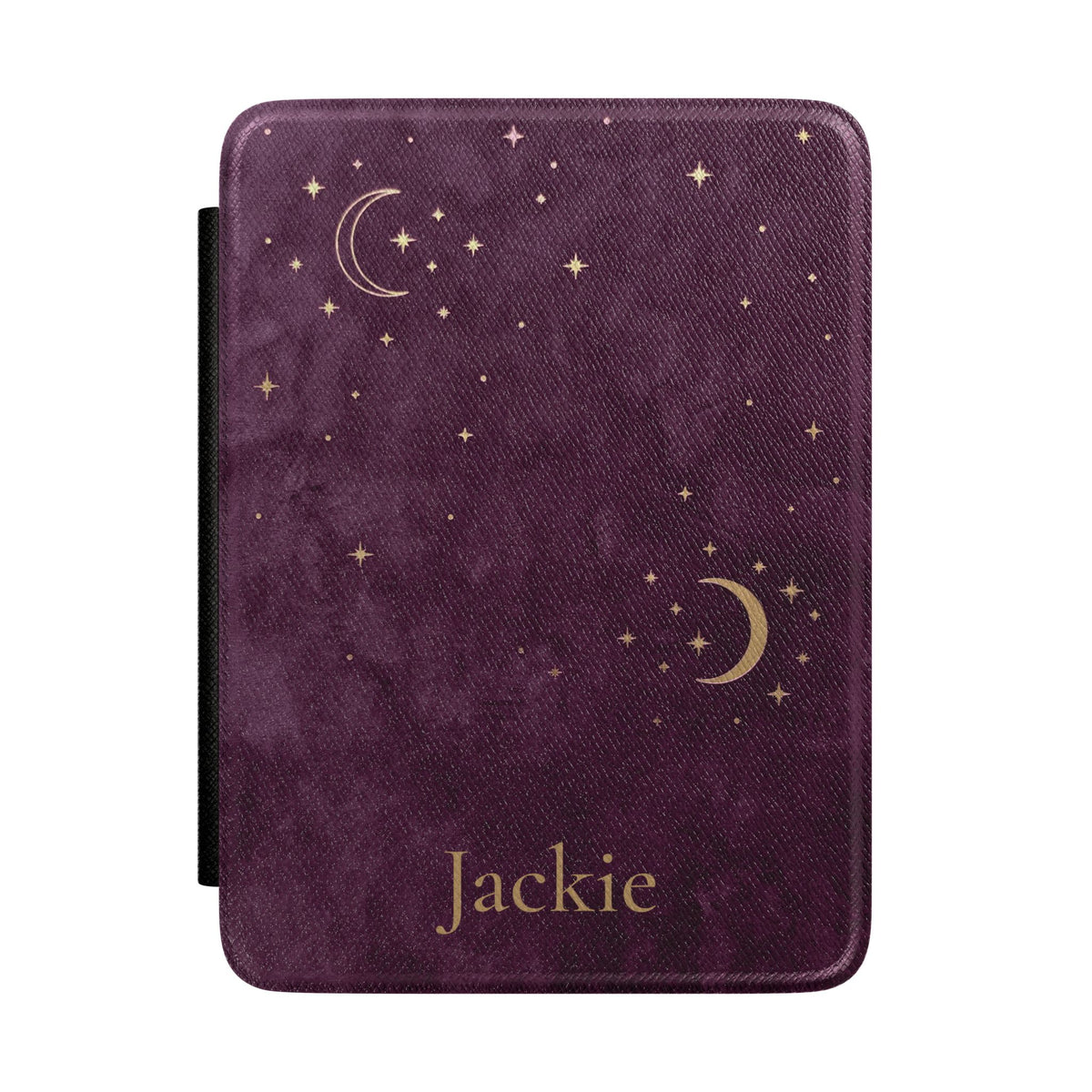Plum Crescent Moon personalized Kindle case front with gold moons and a custom name