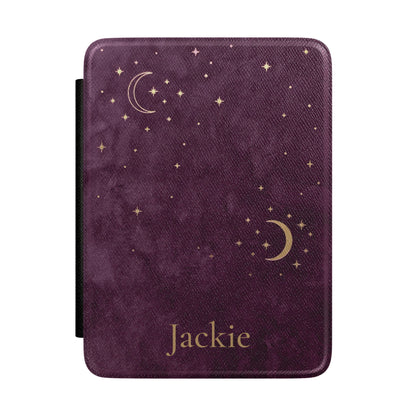 Plum Crescent Moon personalized Kindle case front with gold moons and a custom name
