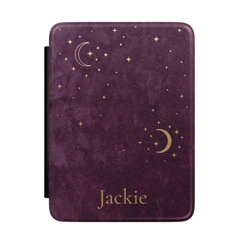 Plum Crescent Moon personalized Kindle case front with gold moons and a custom name