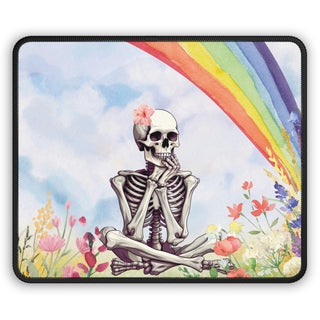 Rainbow Skeleton mouse mat with a skeleton in a wildflower meadow