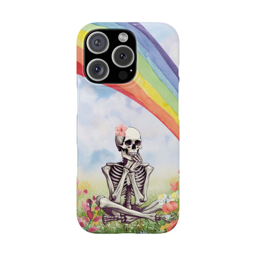 Rainbow Skeleton snap phone case back view with a watercolour skeleton and rainbow