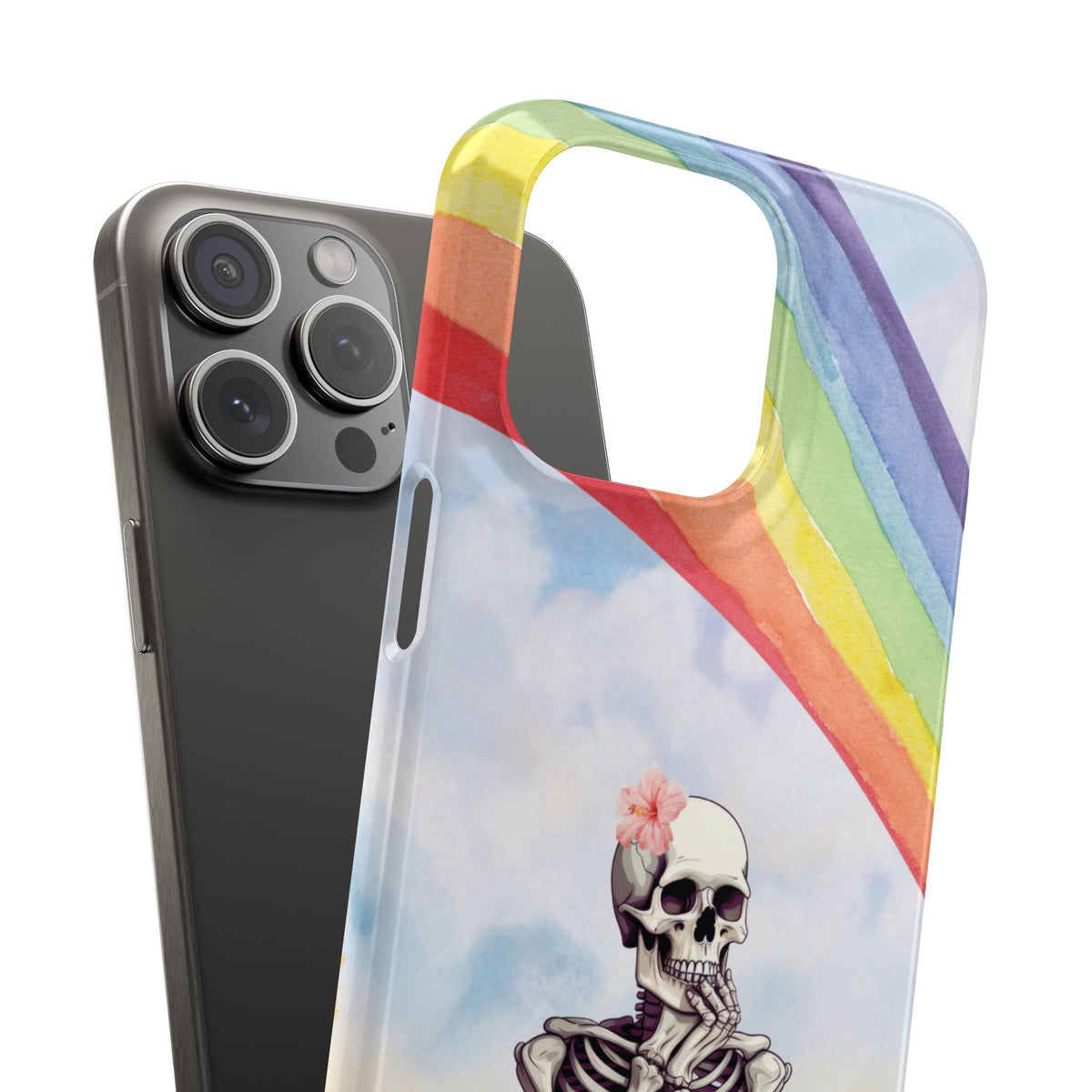 Rainbow Skeleton snap phone case shown next to the phone