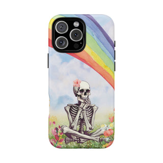 Rainbow Skeleton tough magnetic phone case back view with a watercolour skeleton and rainbow