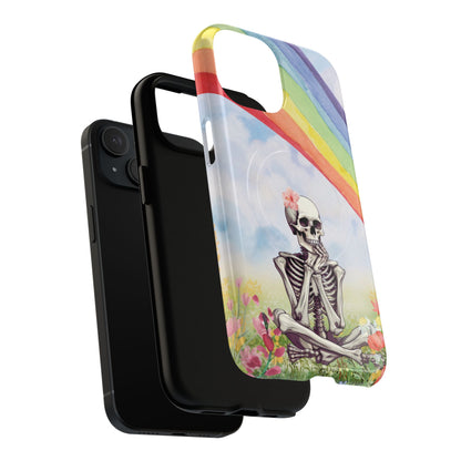 Rainbow Skeleton MagSafe phone case sliding onto the phone