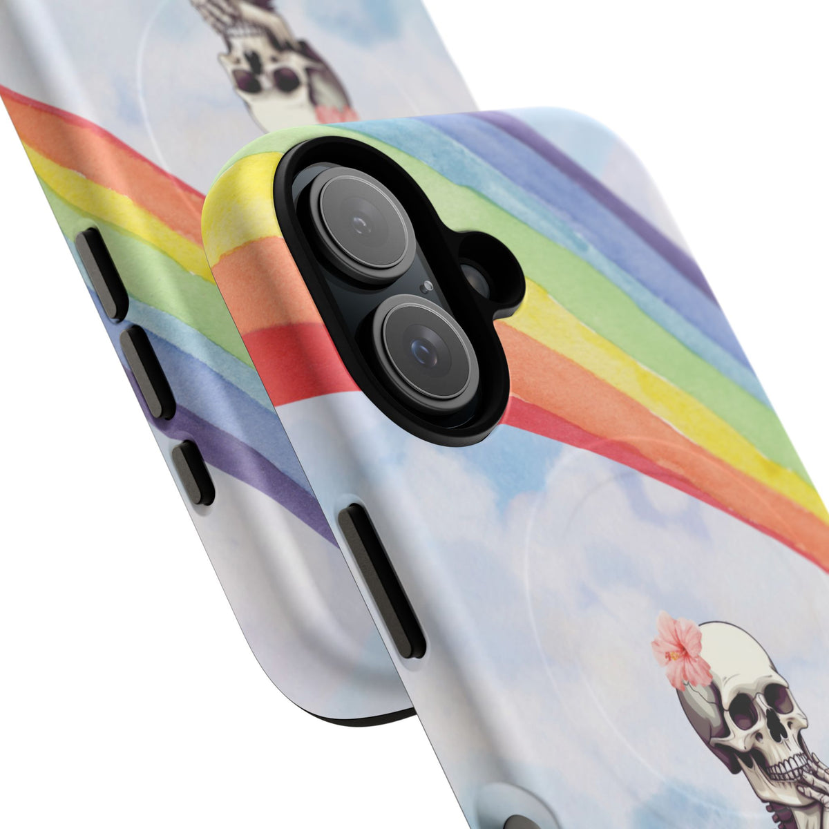 Close-up of the camera cutout on the Rainbow Skeleton magnetic phone case