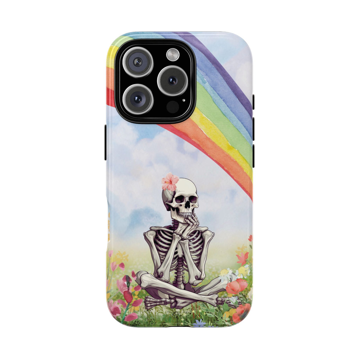 Rainbow Skeleton tough phone case back with a watercolour skeleton under a rainbow