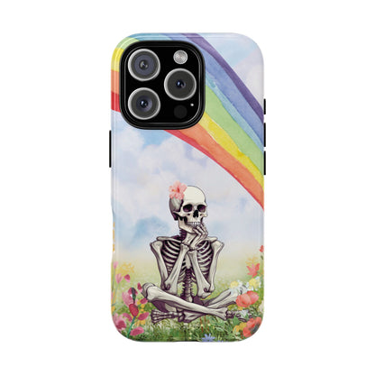 Rainbow Skeleton tough phone case back with a watercolour skeleton under a rainbow
