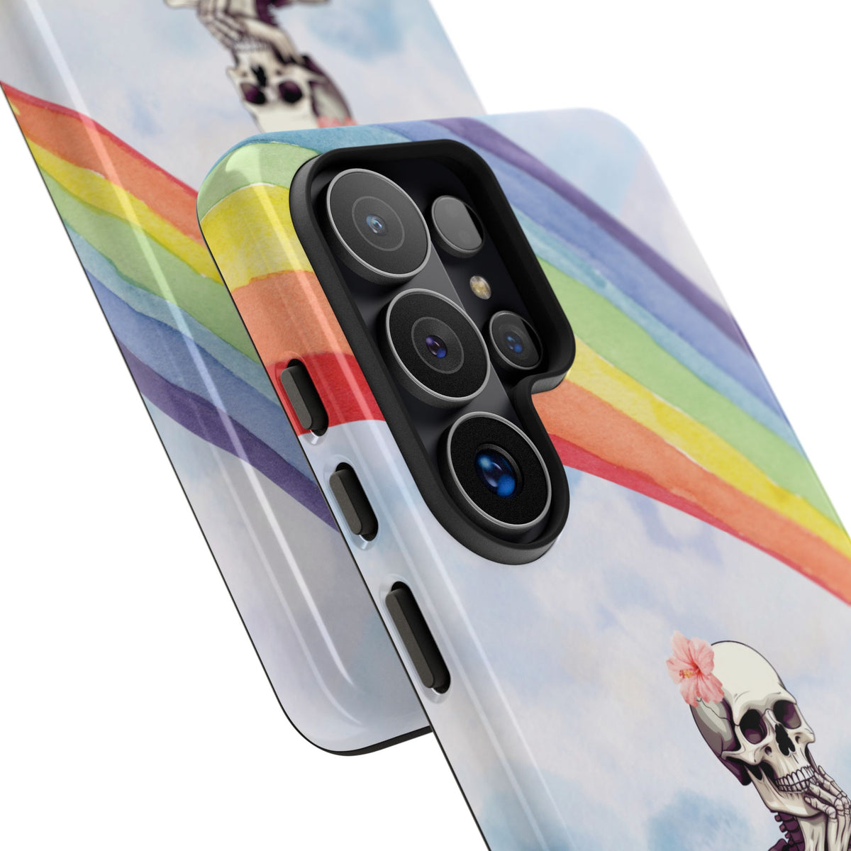 Rainbow Skeleton tough phone case close-up of the camera and rainbow print