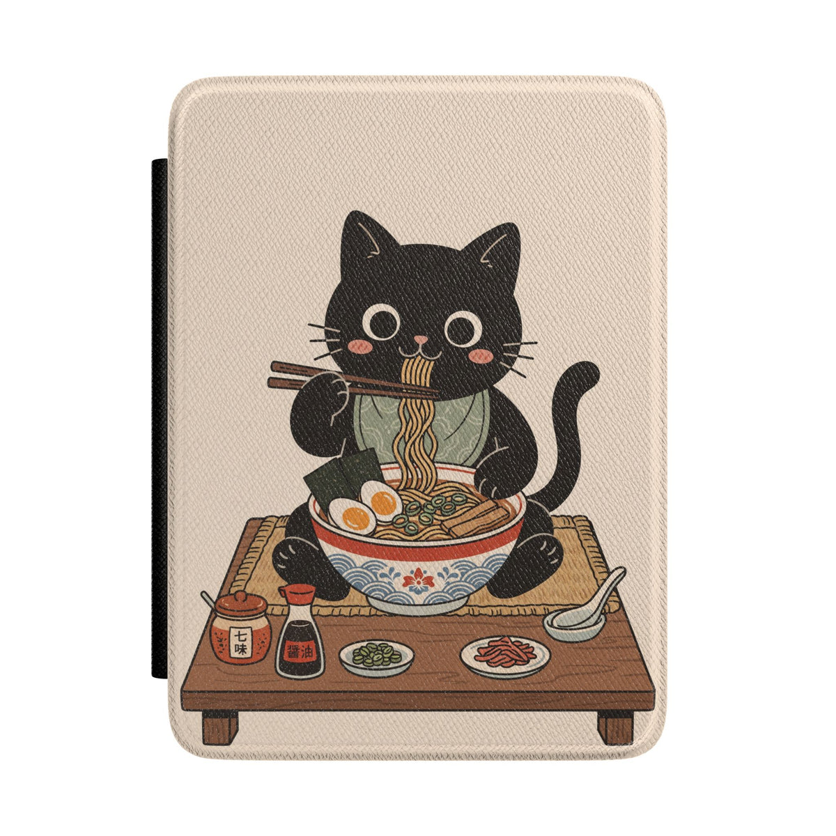 Ramen Cat Kindle case front with black cat eating ramen