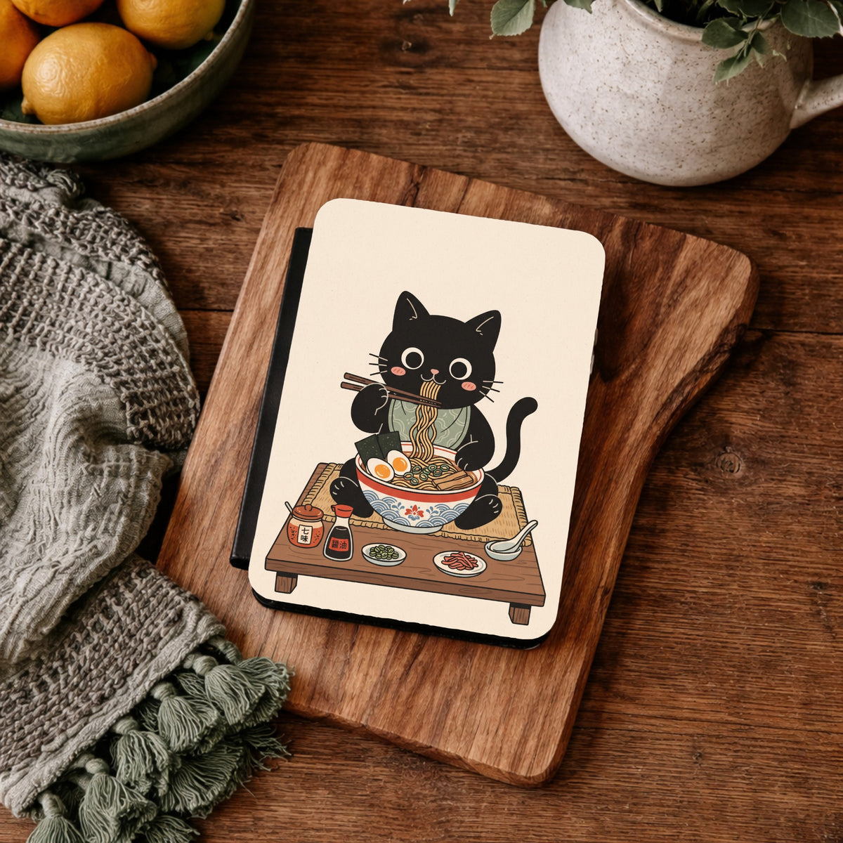 Ramen Cat Kindle case on a wooden board next to knitwear