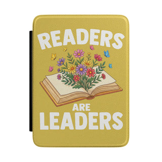 Readers Are Leaders Kindle case front, mustard yellow with an open book full of wildflowers
