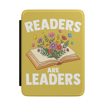 Readers Are Leaders Kindle case front, mustard yellow with an open book full of wildflowers