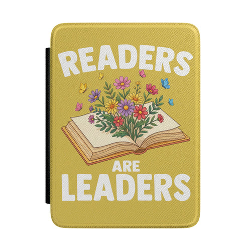 Readers Are Leaders Kindle case front, mustard yellow with an open book full of wildflowers