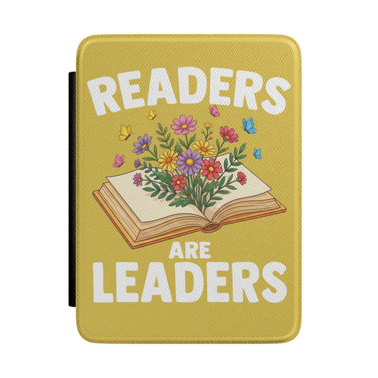 Readers Are Leaders Kindle case front, mustard yellow with an open book full of wildflowers