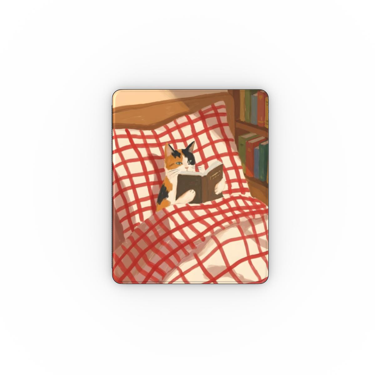 Reading Cat iPad case cover with a calico cat reading under a red gingham quilt