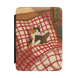 Reading Cat Kindle case front with a calico cat reading under a red checked blanket