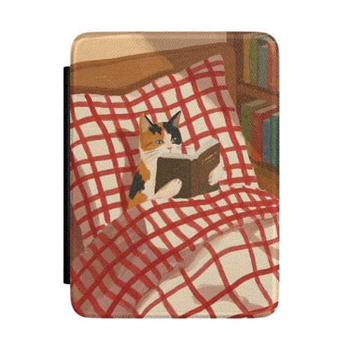 Reading Cat Kindle case front with a calico cat reading under a red checked blanket