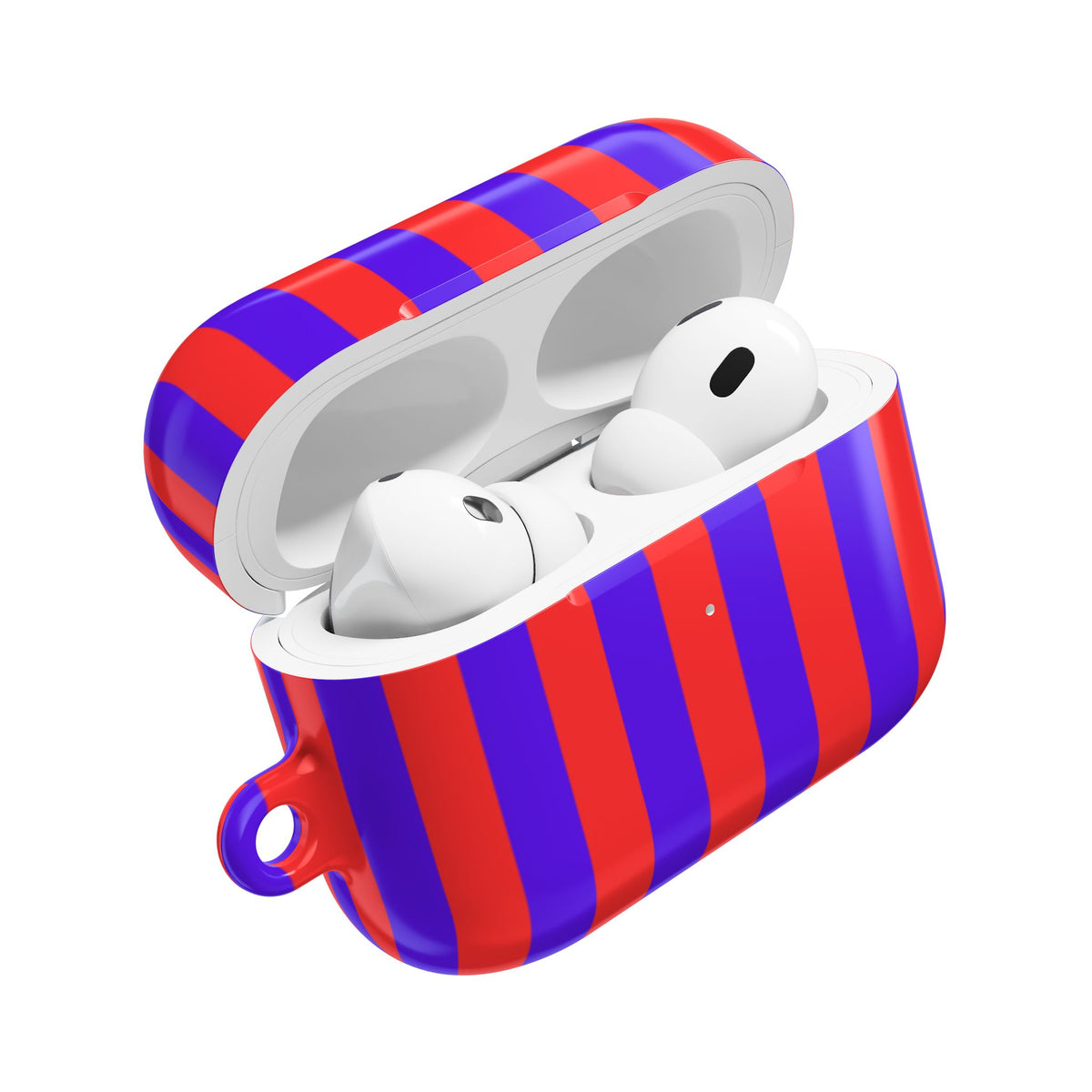 Red Cabana Stripe AirPods case open with earbuds inside