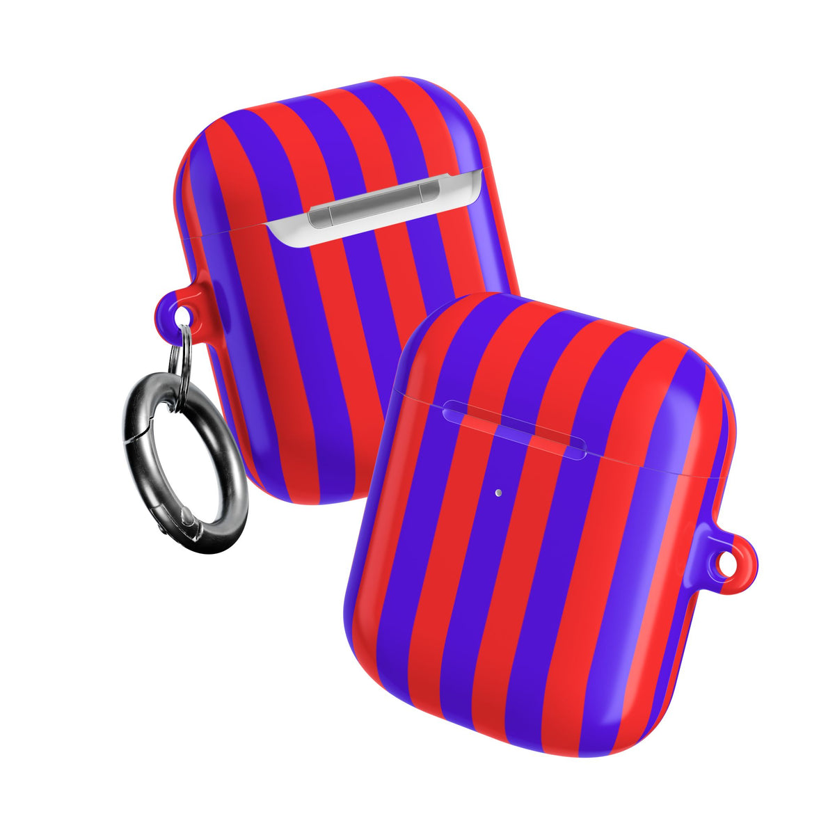 Red Cabana Stripe AirPods case front and back with carabiner clip