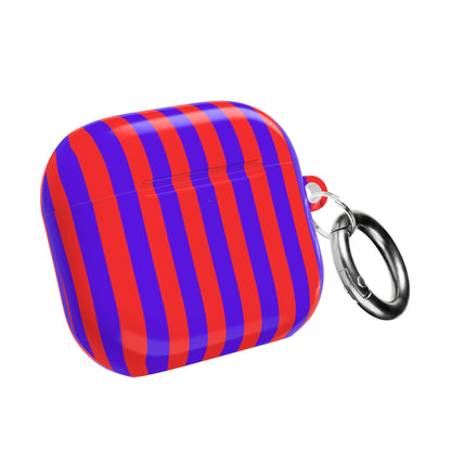 Red Cabana Stripe AirPods case closed with metal carabiner clip