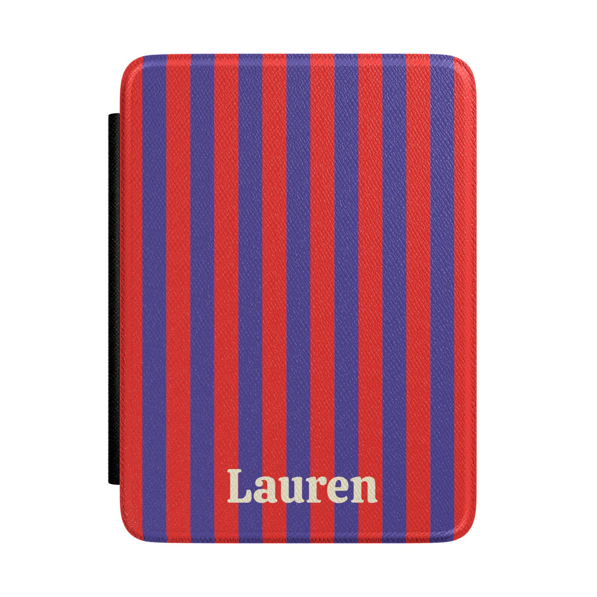 Red Cabana Stripe Kindle case front with personalized name
