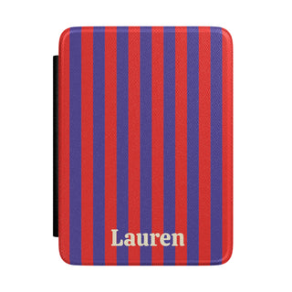 Red Cabana Stripe Kindle case front with personalized name