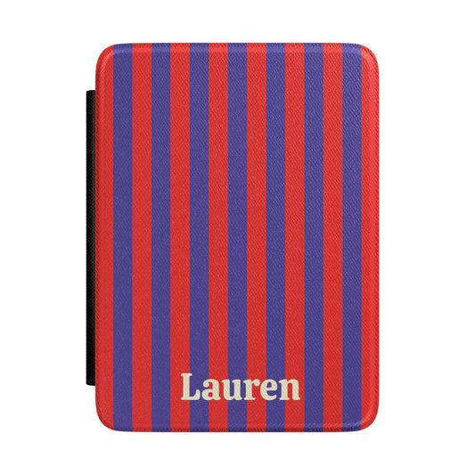 Red Cabana Stripe Kindle case front with personalized name
