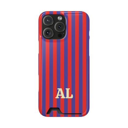 Red Cabana Stripe phone case with card holder and cream AL monogram, back view