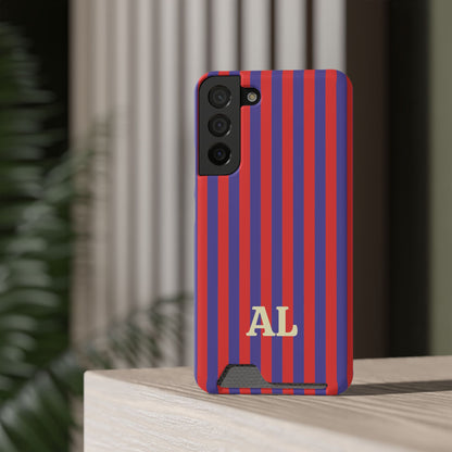 Red Cabana Stripe card holder phone case standing on a shelf