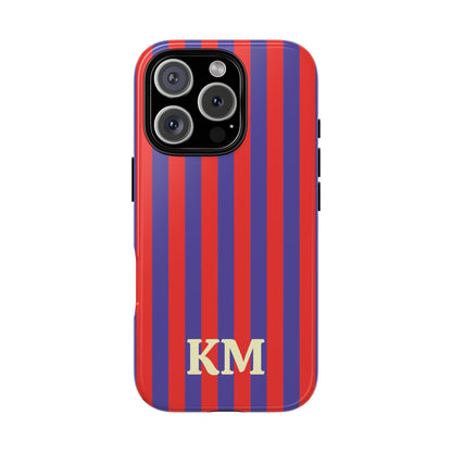 Red Cabana Stripe tough phone case with cream KM monogram, back view