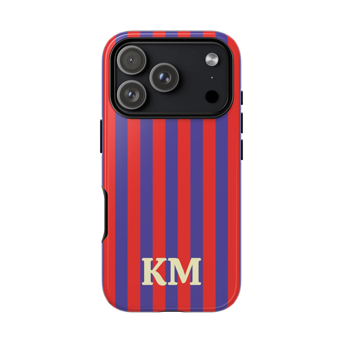 Red Cabana Stripe personalized tough case on an iPhone, back view