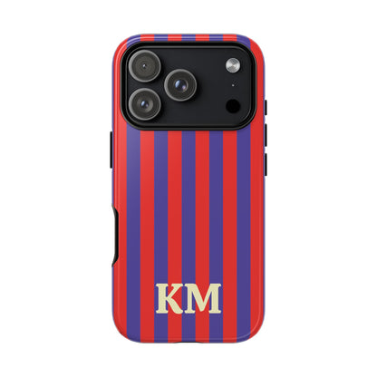 Red Cabana Stripe personalized tough case on an iPhone, back view