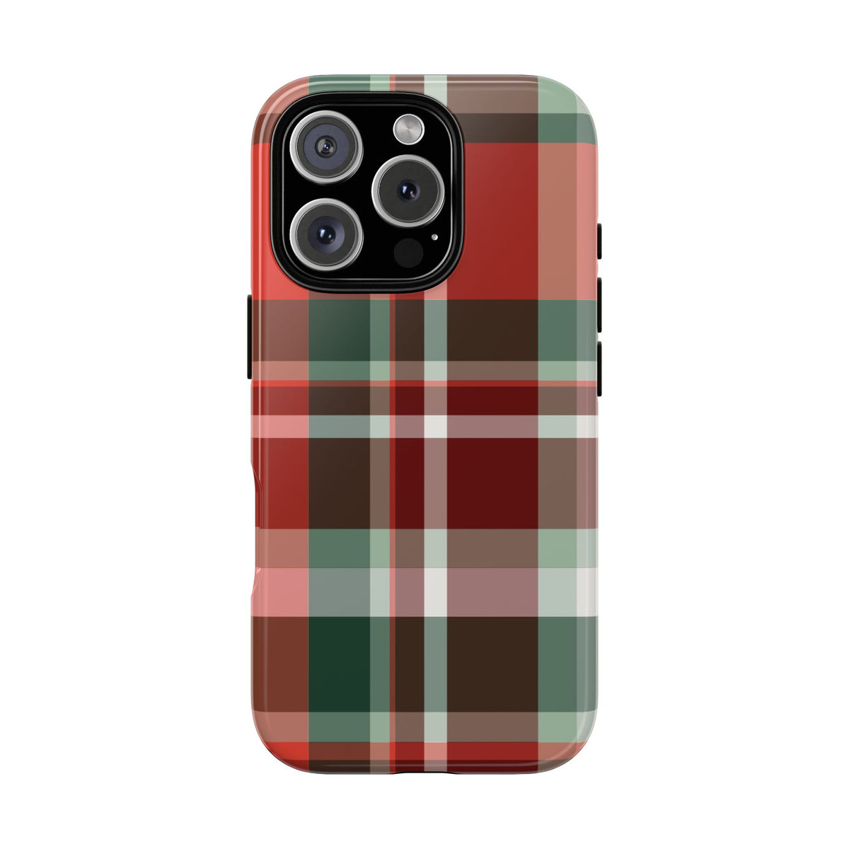 Red Christmas Plaid tough phone case, back view with red tartan and deep green bands