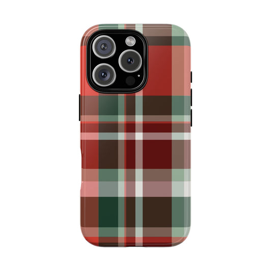 Red Christmas Plaid tough phone case, back view with red tartan and deep green bands