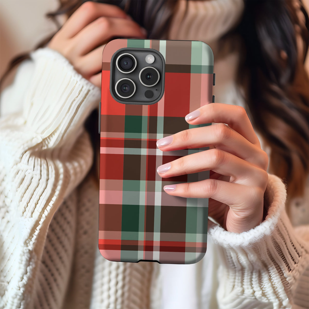Red Christmas Plaid tough phone case held against a cosy winter sweater