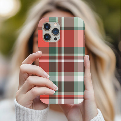 Red Christmas Plaid tough phone case held up for a selfie