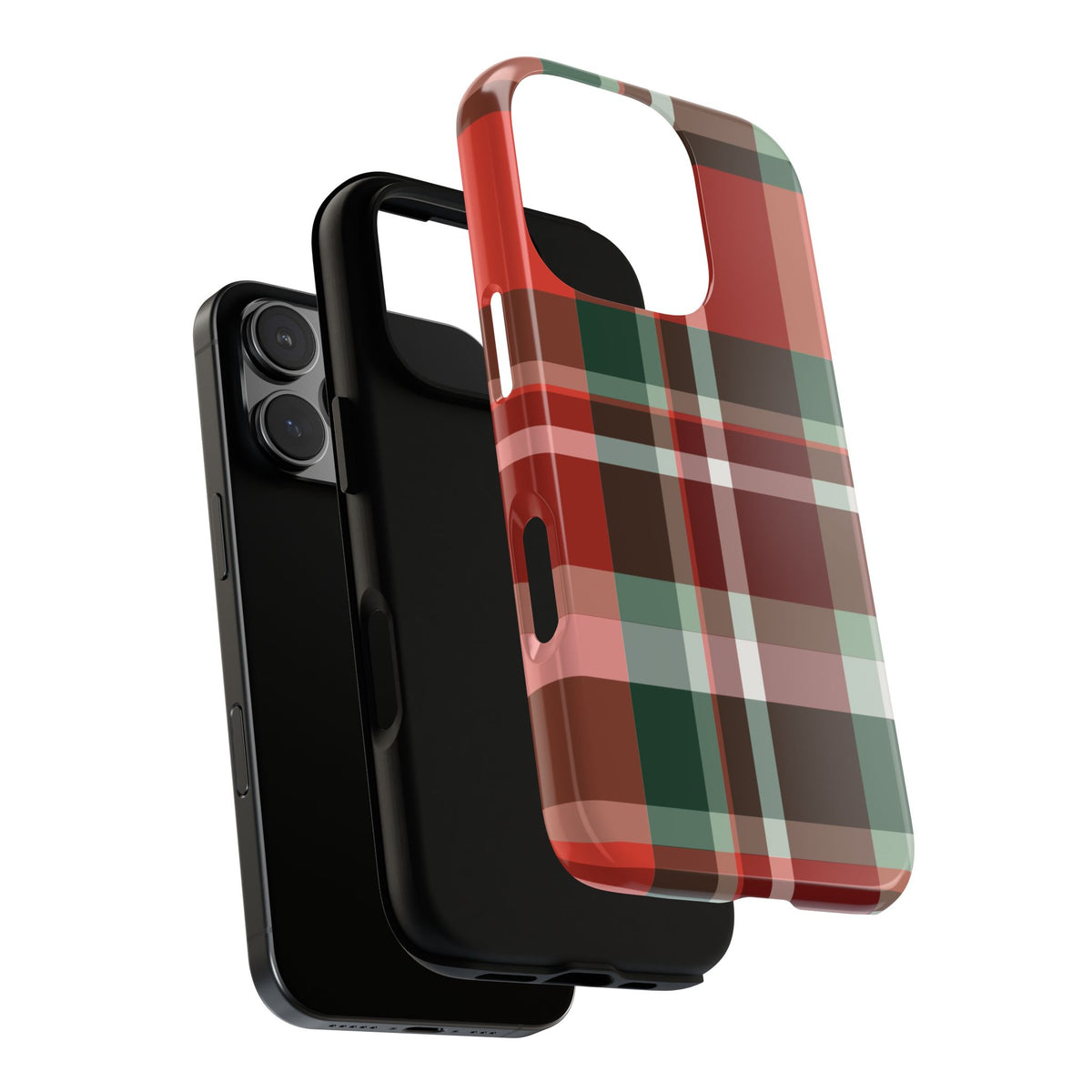 Red Christmas Plaid tough phone case showing the two-piece protective construction