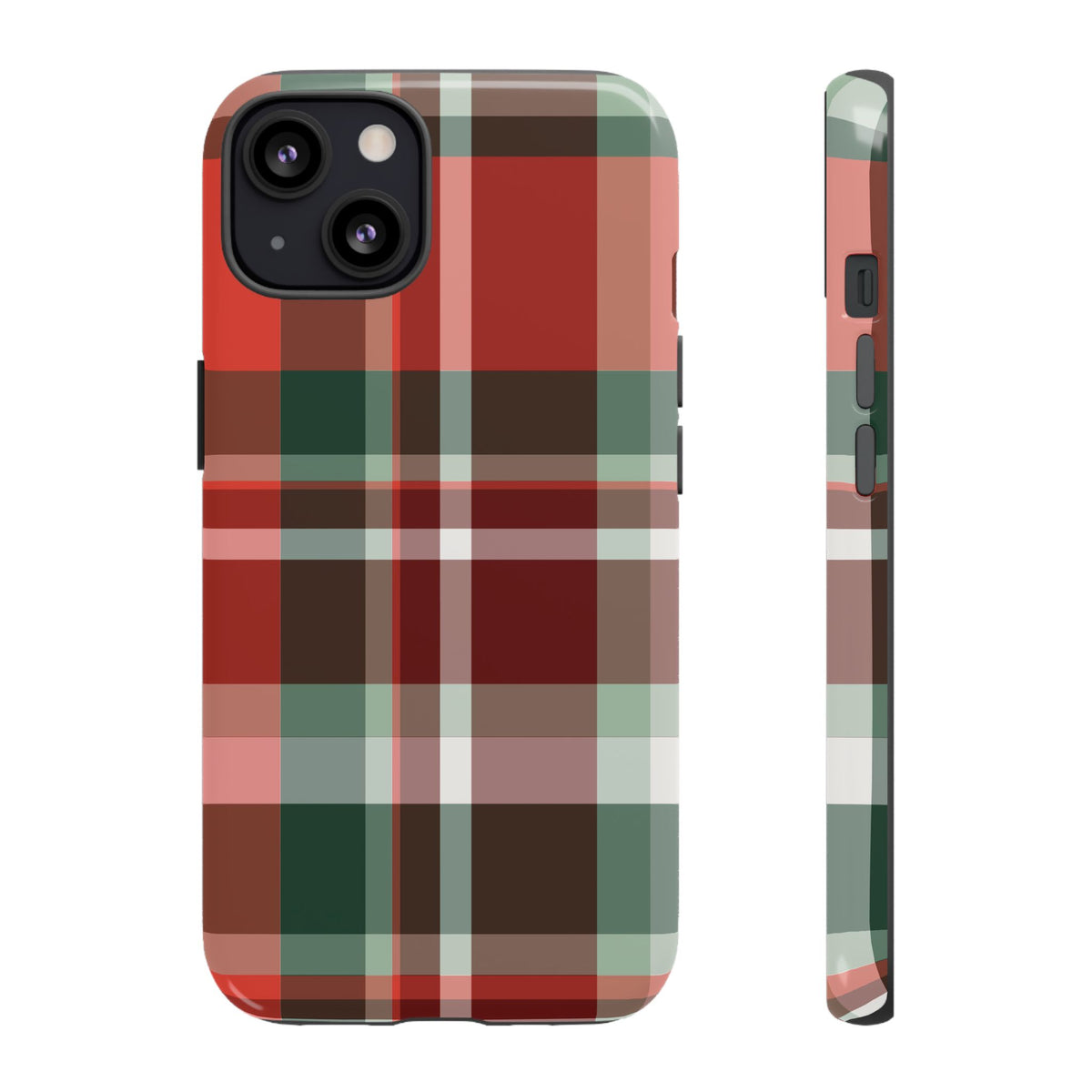 Red Christmas Plaid tough phone case shown from the back and side