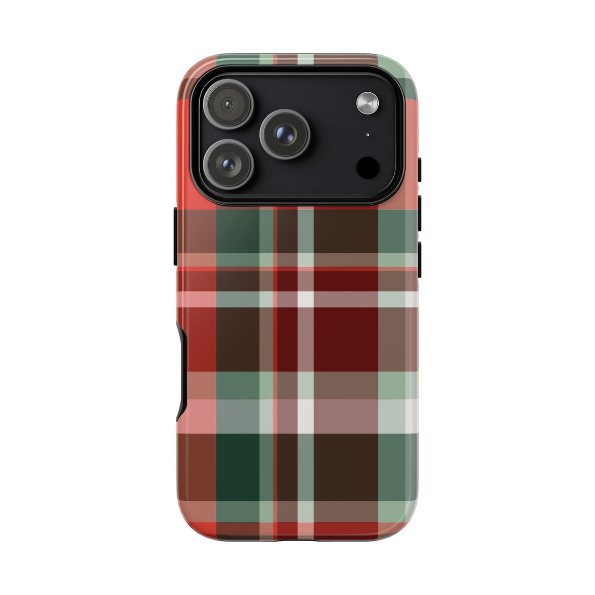 Red Christmas Plaid tough phone case, back view on an iPhone Pro model