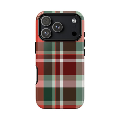 Red Christmas Plaid tough phone case, back view on an iPhone Pro model