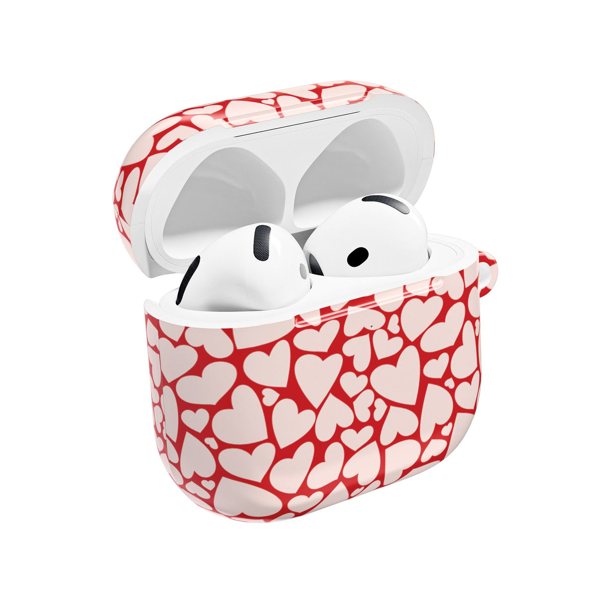 Red hearts AirPods case open with earbuds inside