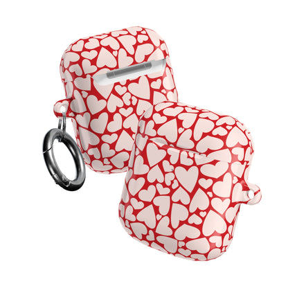Two red hearts AirPods cases with carabiner clips