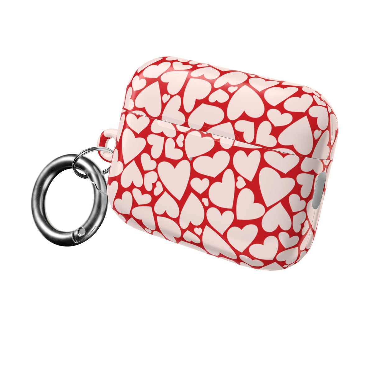 Red hearts AirPods case closed, with the carabiner clip