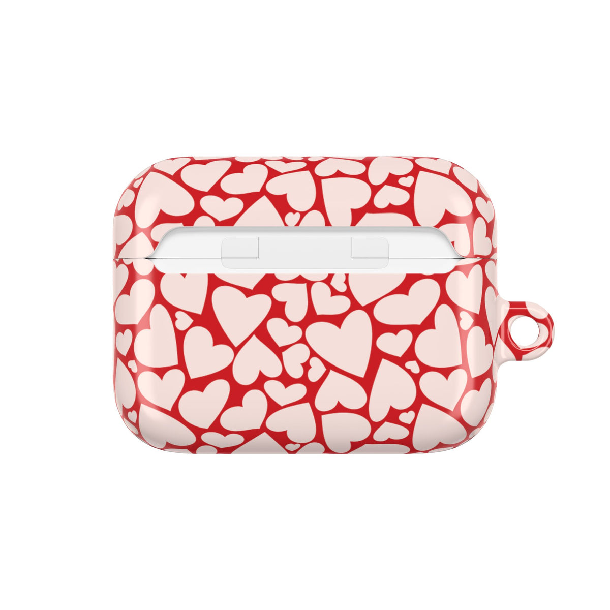 Red hearts AirPods case open at an angle with the earbuds inside