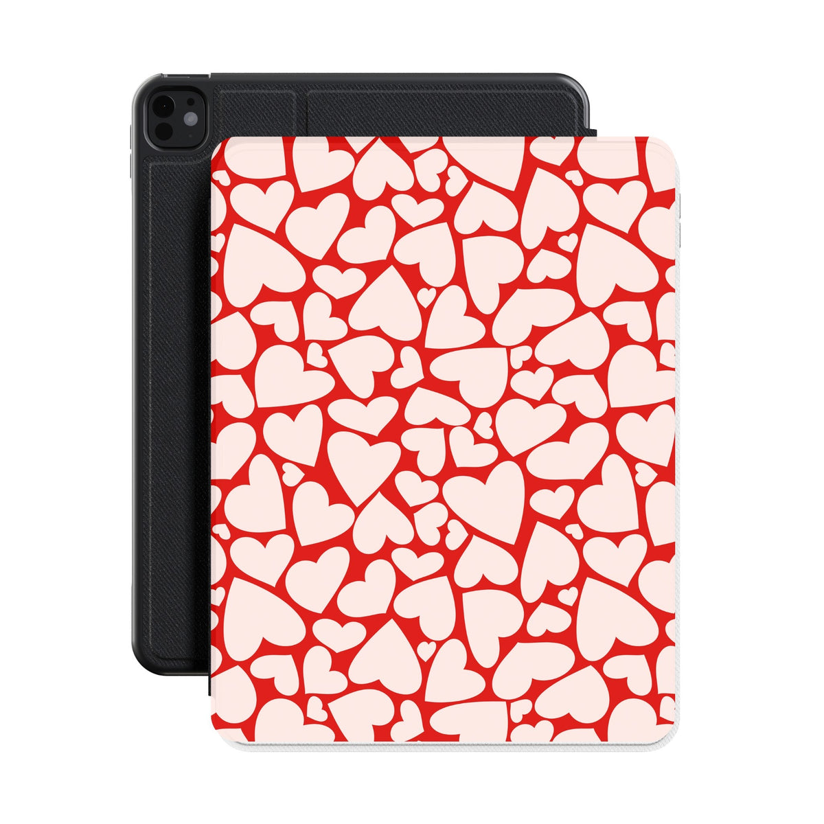 Red hearts iPad case shown with an iPad
